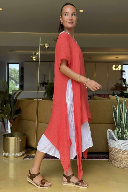 Pure Linen Jensen Two Piece Split Side Dress Small Watermelon